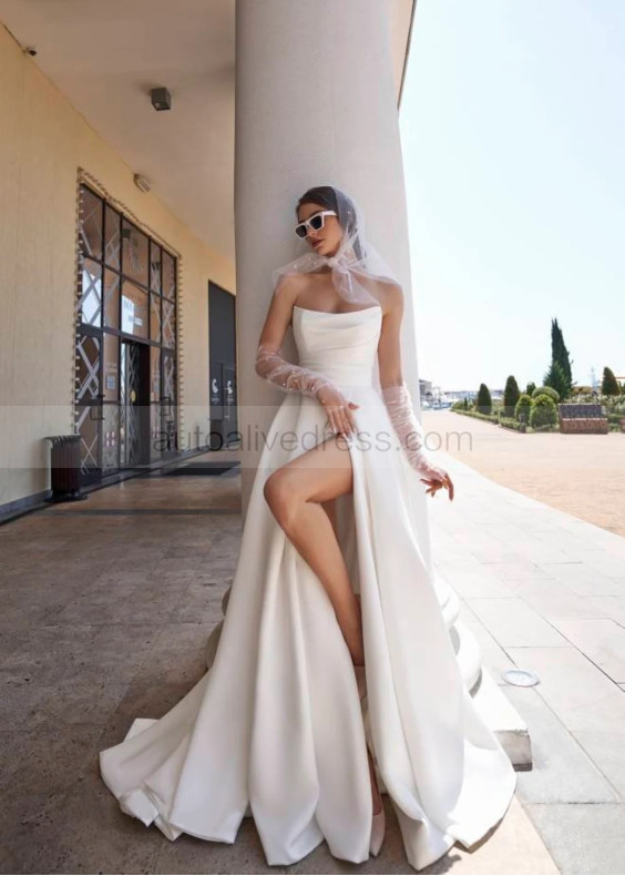 Strapless Ivory Satin Slit Minimalist Wedding Dress Strapless Ivory Satin Slit Minimalist Wedding Dress